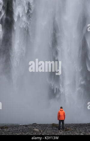 Mann in einem orange Jacke stand vor der Skogafoss Wasserfall, Island. Stockfoto