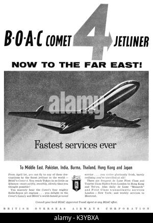 1959 britischen Werbung für B.O.A.C. mit der de Havilland Comet 4 Airliner. Stockfoto
