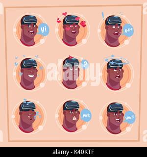 Man anderes Gesicht der afrikanischen amerikanischen männlichen Emoji tragen Virtuelle 3D-Brille Emotion Symbol Avatar Gesichtsausdruck Konzept Stock Vektor