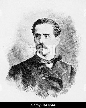 Alte Nahaufnahme portrait einer eleganten Mann mit stilvollen scharfe Schnurrbart. Giacinto Carini (1821 - 1880) Italienische patrio. Durch E.Matania auf Garibaldi e i Suoi Tempi Mailand Italien 1884 veröffentlicht. Stockfoto