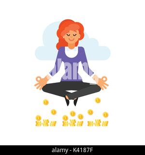 Vektor Flat Style Abbildung: happy Geschäftsfrau im Yoga pose über dem goldenen Münzen. Auf weissem Hintergrund. Stock Vektor