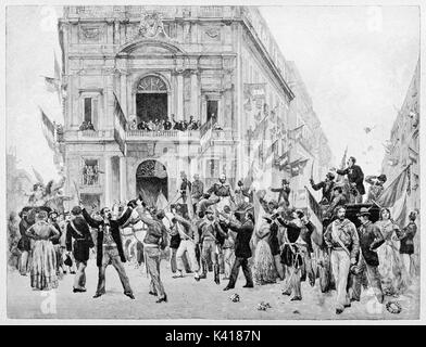 Croud der alten Leute grüßt Garibaldi Eingabe auf einem großen Platz in Neapel. Gebäude für den Hintergrund. Durch E.Matania auf Garibaldi e i Suoi Tempi Mailand Italien 1884 veröffentlicht. Stockfoto