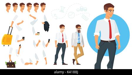 Vektor Cartoon Stil Konstruktor von Geschäftsmann Charakter. Unterschiedliche Gefühle und Positionen. Auf weissem Hintergrund. Stock Vektor