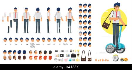 Vektor Flat Style Geschäftsmann Charaktererstellung für Animation gesetzt. Verschiedene Emotionen, Frisuren und Gesten. Front-, Seiten- und Rückansicht des characte Stock Vektor