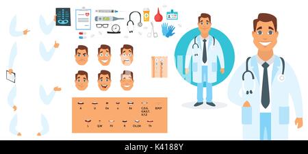 Vektor Cartoon Stil mann Arzt Charakter Generator. Verschiedene Emotionen, Mund und Hand Gesten. Medizinische Symbole. Auf weissem Hintergrund Stock Vektor