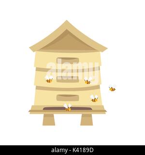 Vektor Cartoon Stil Bienenstock für die imkerei Landwirtschaft mit fliegenden Bienen. Auf weissem Hintergrund. Stock Vektor