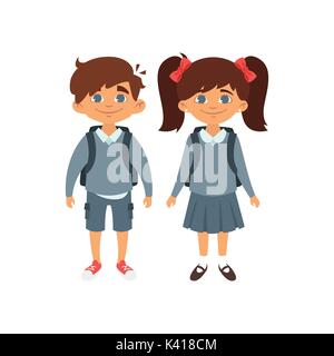 Vektor Cartoon Stil Schule Zeichen: Kaukasische Junge und Mädchen in Schuluniform. Auf weissem Hintergrund. Stock Vektor