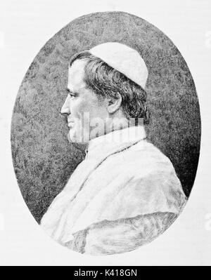 Alte Hälfte Profil Portrait eines Papstes in einem Ovalen Rahmen mit einem grauen Hintergrund. Papst Pius IX. Nach dem Lackieren in Quirinale Palast auf Garibaldi e i Suoi Tempi Mailand Italien 1884 veröffentlicht. Stockfoto