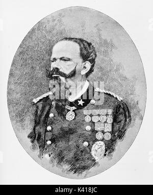 Antike büste Portrait in einem Ovalen Rahmen von Vittorio Emanuele II (1820-1878) ersten König des vereinigten Italien in seinen elegant gestalteten Uniform. Durch E.Matania auf Garibaldi e i Suoi Tempi Mailand Italien 1884 Stockfoto