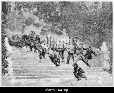 Heftiger Kampf zwischen zwei gegenüberliegenden Armeen auf eine Treppe in einem eleganten Garten. Villa Corsini Schlachtung in 1849. Durch E.Matania auf Garibaldi e i Suoi Tempi Mailand Italien 1884 veröffentlicht. Stockfoto