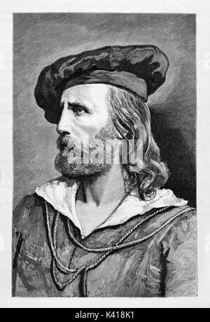 Antike büste Profil Porträt des jungen Giuseppe Garibaldi gekleidet in alten Klamotten mit einem Hut. Typische langen Bart und Haare. Durch E.Matania auf Garibaldi e i Suoi Tempi Mailand Italien 1884 veröffentlicht. Stockfoto