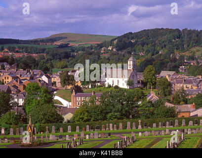 Ungewöhnlicher Blick in Richtung Hawick und St Marys Kirk, Hawick, Scottish Borders Stockfoto