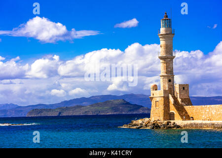 Beeindruckende Leuchtturm in Chania, Kreta, Griechenland. Stockfoto