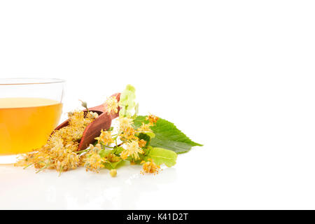 Linden Tee mit Linden Blumen in den Löffel. Auf weissem Hintergrund. Stockfoto