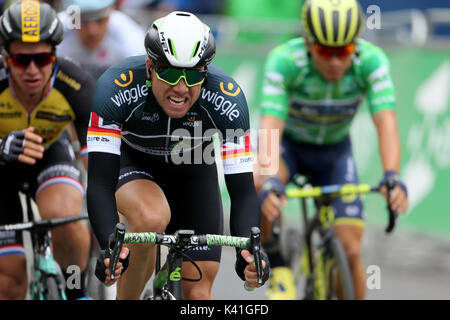 Team von Dimension Data Edvald Boasson Hagen gewinnt bei Blyth während Phase 2 des OVO Energy Tour von Großbritannien aus Wasser und Kielder Forest bis zu Blyth. Stockfoto