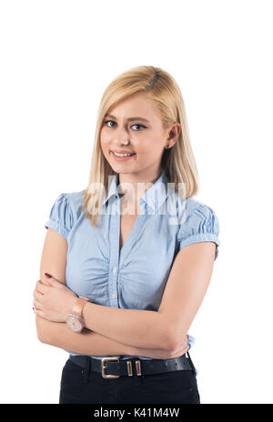 Porträt von attraktiven blonden Geschäftsfrau mit Arme gekreuzt isolierten auf weißen Hintergrund Stockfoto