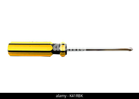 Gelbe Schraubendreher mit 4 Punkt auf weißem Hintergrund Stockfoto