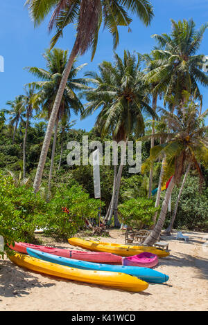 Bunte Kajaks am tropischen Strand, Thailand Stockfoto