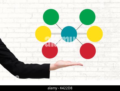 Digital composite von Hand- und bunte Mind Map über hellen Hintergrund Stockfoto