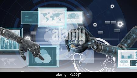 Digital composite von roboterhände Interaktion mit Technologie Schnittstellentafeln holding World Globe Stockfoto