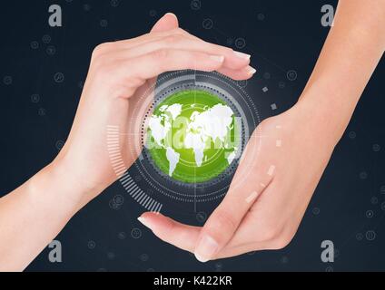 Digital composite der Hände halten ein Globus mit Anschlüssen Stockfoto