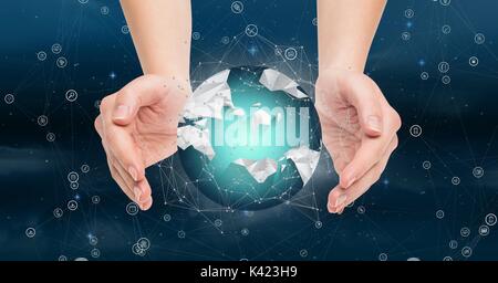 Digital composite der Hände halten ein Globus mit Anschlüssen Stockfoto