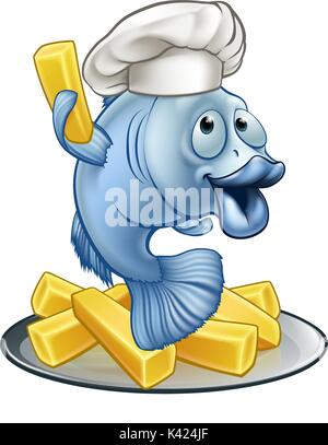 Fisch und Chips Chef Cartoon Charakter Stock Vektor