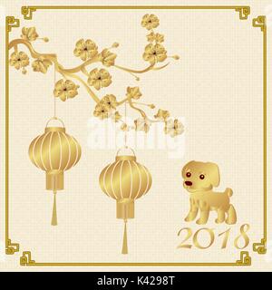 Das chinesische Neujahr. 2018 Jahr des Hundes. Unter Bronze lampions Stilisierte auf einen Kirschbaum. Hintergrund für das Papier. Stock Vektor