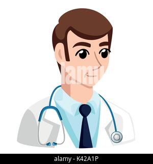 Fröhliche männlicher Arzt. Vector Illustration eines lächelnden Arzt medizinische Symbole Hintergrund. Web site Seite und mobile App Design Vector Illustration. Stock Vektor