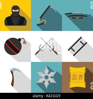 Japanische Waffe Icon Set, flacher Stil Stock Vektor