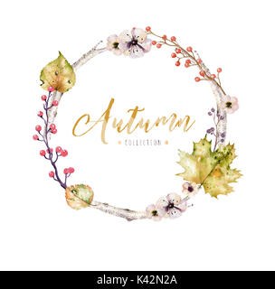 Rot und Gelb Herbst aquarell Blätter und Beeren, Hand design Laub Elemente Dekoration gezeichnet. Stockfoto