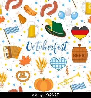 Oktoberfest nahtlose Muster. Oktober fest in Deutschland endlose Hintergrund. Sich wiederholende Textur mit Bier, Wurst und traditionelle Symbole. Vector Illustration. Stock Vektor