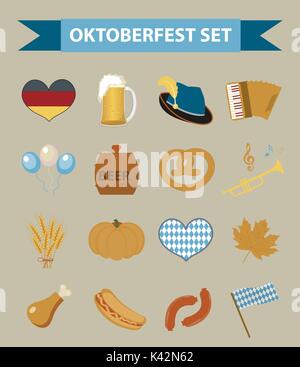 Oktoberfest Icon Set, flach oder Cartoon Stil. Oktober fest in Deutschland Sammlung von traditionellen Symbole, Designelemente mit Bier, Essen, cap. Auf weissem Hintergrund. Vector Illustration. Stock Vektor