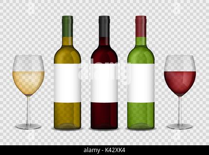 Transparente Weinflaschen und Weingläser mockup. in Rot- und Weißwein in Flaschen und Gläser isoliert. Vector Illustration. Stock Vektor