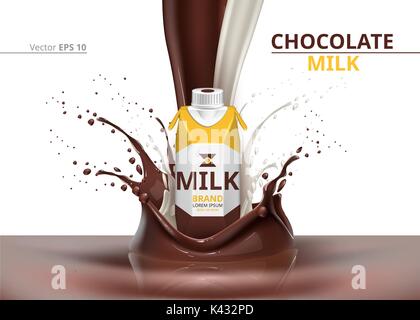 Schokolade Milch Flasche Paket mock up Vektor auf splash Hintergründe realistische Stock Vektor