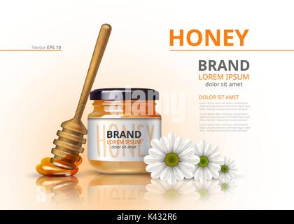 Akazien Honig Glas mit Holz- pendelarm Vektor realistische Mock up Hintergründe Stock Vektor