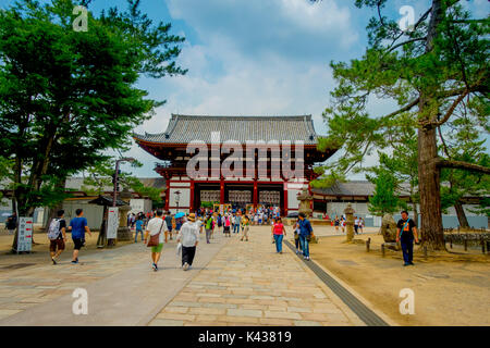 Nara, Japan - 26. Juli 2017: Nandaimon, dem großen südlichen Tor bei Nacht. Das Tor ist eine beherrschende architektonische Element im Bereich der Todai-ji-Tempel, Nara Stockfoto