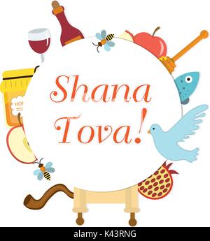 Stellen Sie Symbole auf das Jüdische Neue Jahr, Rosh Hashanah, Shana Tova. Rahmen für Text. Grußkarte. Vector Illustration. Stock Vektor