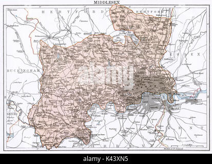 Antike Karte, ca. 1875, von Middlesex Stockfoto