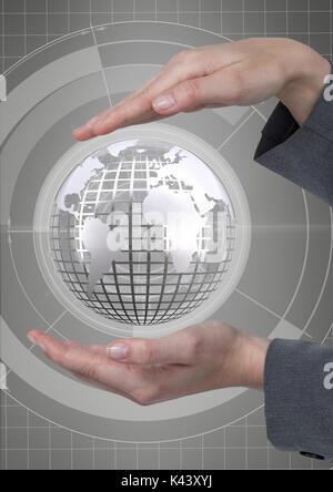 Digital composite der Hände halten ein Globus mit Anschlüssen Stockfoto