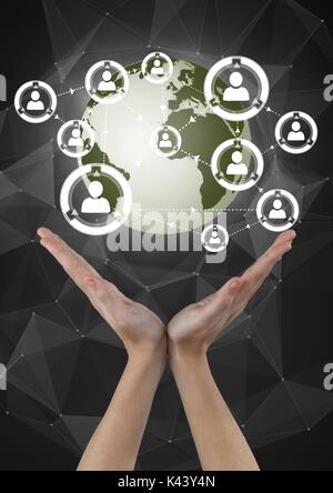Digital composite der Hände halten ein Globus mit Anschlüssen Stockfoto