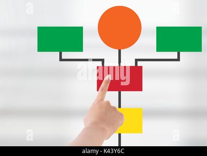 Digital composite von Hand- und bunte Mind Map über hellen Hintergrund Stockfoto
