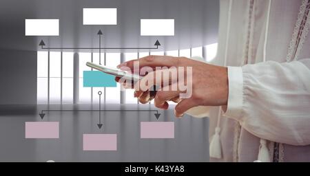 Digital composite von Hand- und Telefon neben bunten Mind Map über Windows Hintergrund Stockfoto