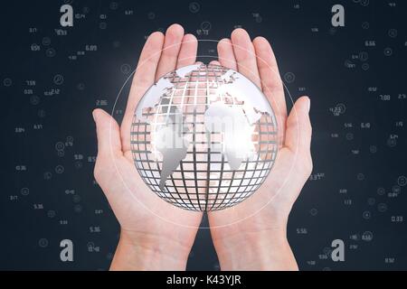 Digital composite der Hände halten ein Globus mit Anschlüssen Stockfoto