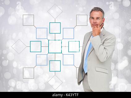 Digital composite der Geschäftsmann und bunte Mind Map funkelnde Hintergrund Stockfoto