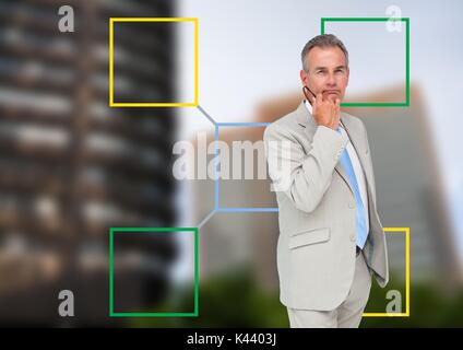 Digital composite der Geschäftsmann und bunte Mind Map über die Stadt Hintergrund Stockfoto