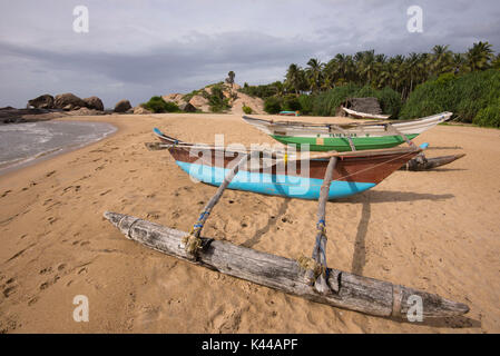 Typische Fischer Boote in der kirinda Strand, Sri Lanka Stockfoto