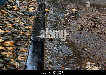 Polperro, Cornwall. September 3rd, Nach dem Regen und Überschwemmungen Polperro mit Schlamm und Schmutz auf den Straßen gelassen wird. Redaktion, 03.09.2017, Kredit: James Pearce/Alamy leben Nachrichten Stockfoto