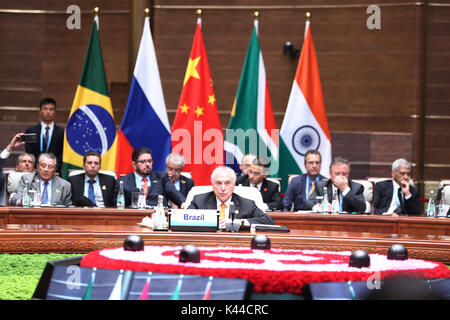 Xiamen, China. 4. Sep 2017. Der brasilianische Präsident Michel Temer spricht an der neunten BRICS-Gipfel in Xiamen, im Südosten der chinesischen Provinz Fujian, Sept. 4, 2017. Quelle: Xinhua/Alamy leben Nachrichten Stockfoto