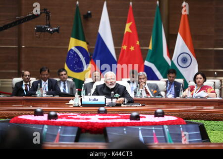 Xiamen, China. 4. Sep 2017. Indische Ministerpräsident Narendra Modi spricht an der neunten BRICS-Gipfel in Xiamen, im Südosten der chinesischen Provinz Fujian, Sept. 4, 2017. Quelle: Xinhua/Alamy leben Nachrichten Stockfoto